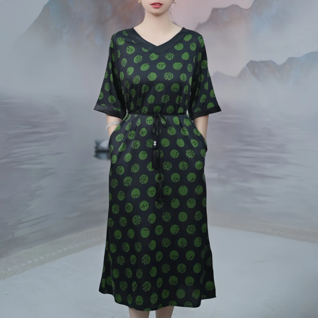 2490  夏季国风款气质波点印花休闲中长款显瘦女装连衣裙