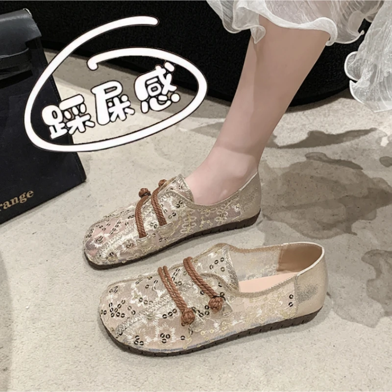 大码41到43老北京布鞋女夏2025新款网纱透气平底单鞋小香风渔夫鞋