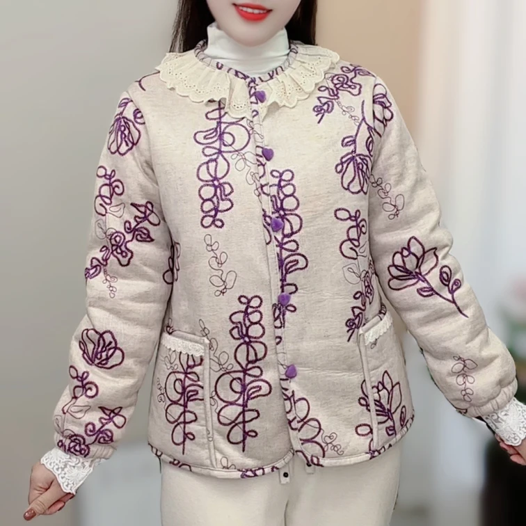 冬季新款直襟圆领娃娃领女装短外套休闲复古时尚加绒加厚棉服