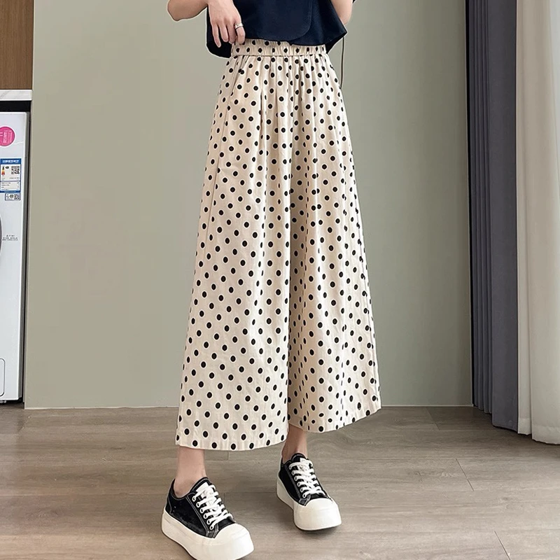 夏日轻薄百搭棉麻波点阔腿裤时尚显瘦慵懒格纹休闲九分裤 0669