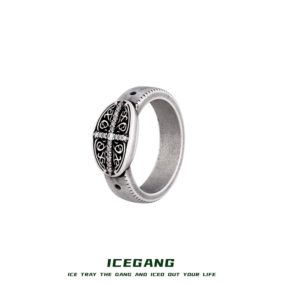 ICEGANG 铜合金莫桑石戒指 做旧莫桑石十字皮带戒指复古vintage