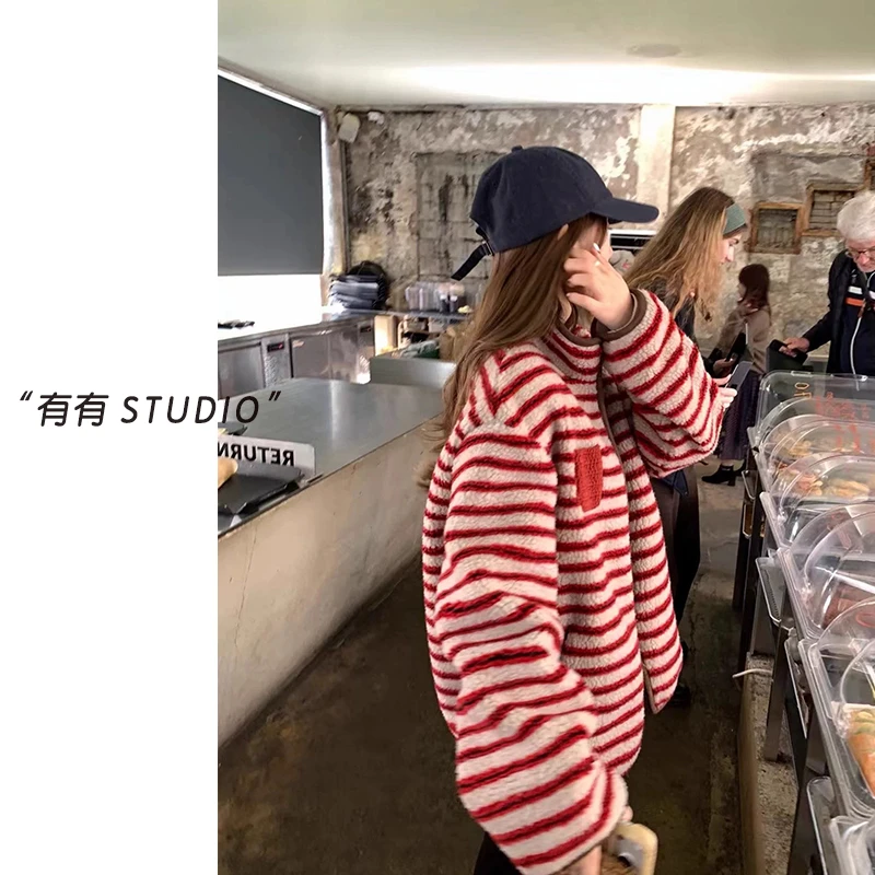 「红条映雪」韩系！简约百搭加厚条纹女士外套