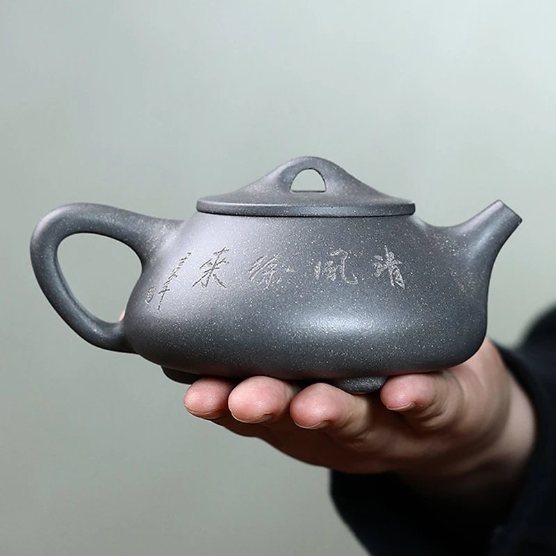 宜兴天青泥刻绘 清风徐来景舟石瓢紫砂大号大容量300毫升手工壶