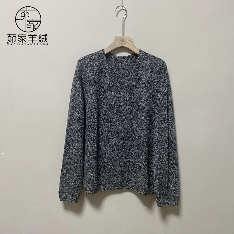 MJ2522生态原绒 雪花灰V领针织薄款100%纯羊绒衫女秋冬廓形新