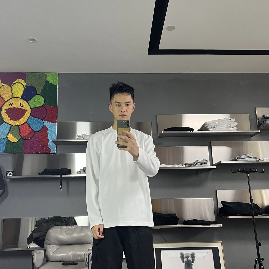 LKTM男装 美式高街刀割破洞长袖T恤男潮牌嘻哈肌理感休闲打底上衣