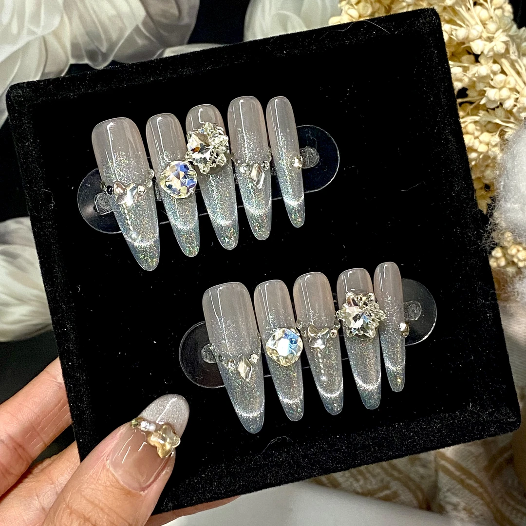 【漫山岛】蓝绿色爆闪猫眼显白纯手工穿戴甲默认微瑕No退No换气质