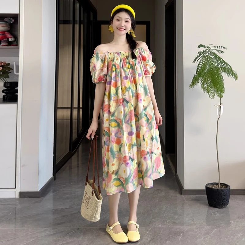 孕妇中长款连衣裙夏季法式度假风碎花显瘦短袖雪纺裙孕期高级感