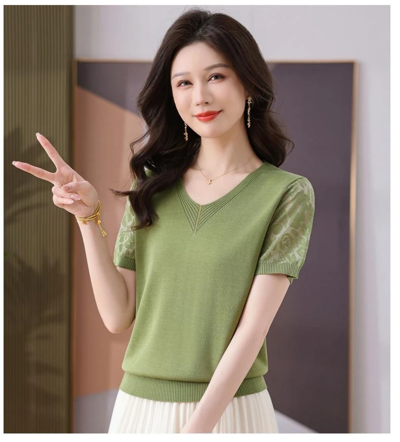 【大悦新品】夏季V领套头百搭加大针织衫经典百搭时尚洋气天丝上衣