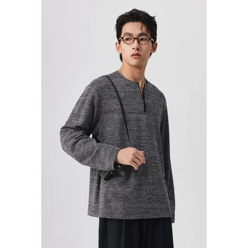 春秋新款男士亨利领拉链装饰长袖T恤简约百搭休闲打底衫上衣潮19