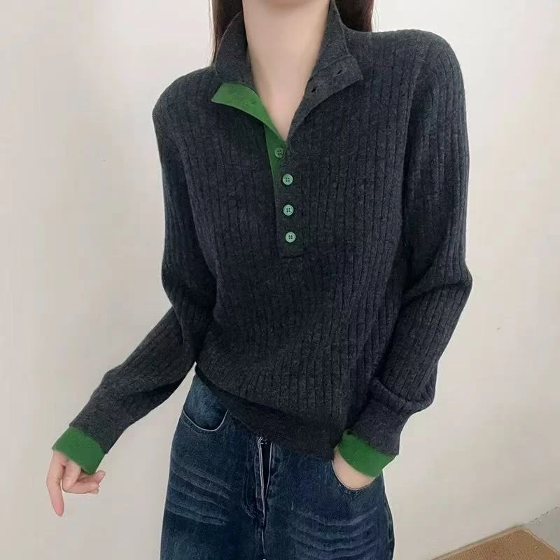 拼接坑条显瘦半高领长袖毛衣针织衫235