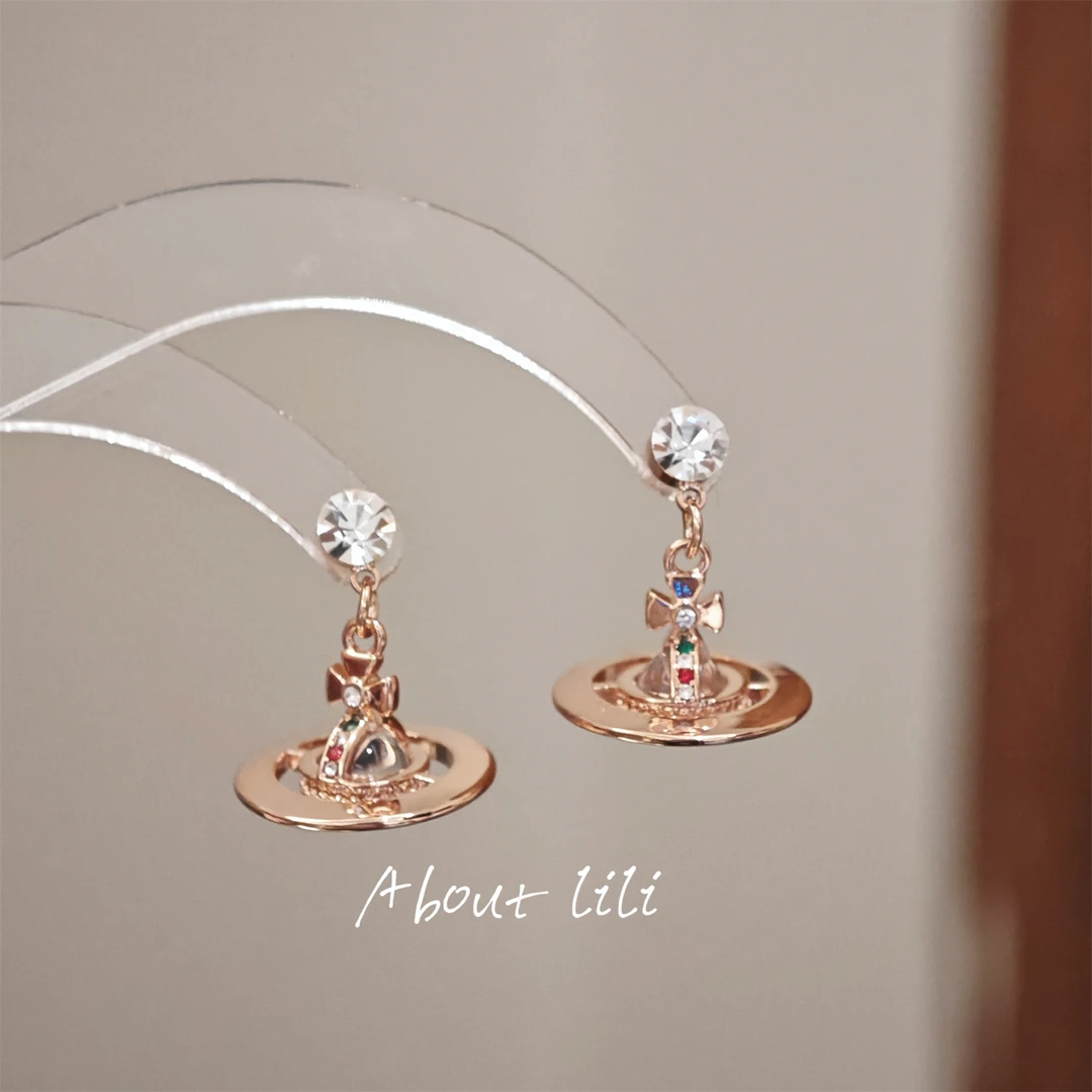 铜合金耳饰 法式美神星球锆石耳环女秋冬轻奢高级感土星耳钉耳饰