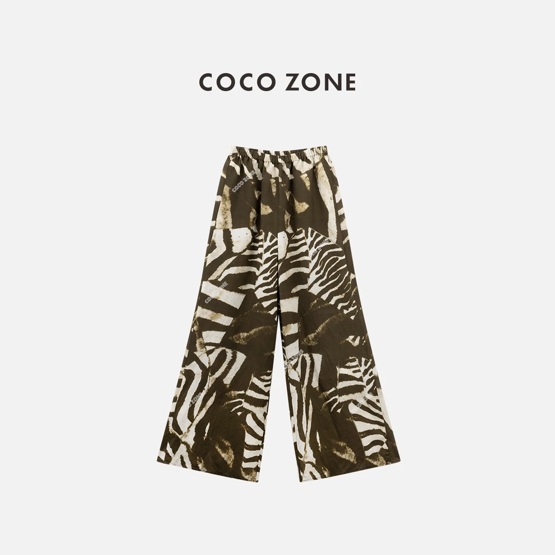 COCO ZONE 刘一一"棕系油画"松紧腰法式印花直筒阔腿裤 CC1B1095