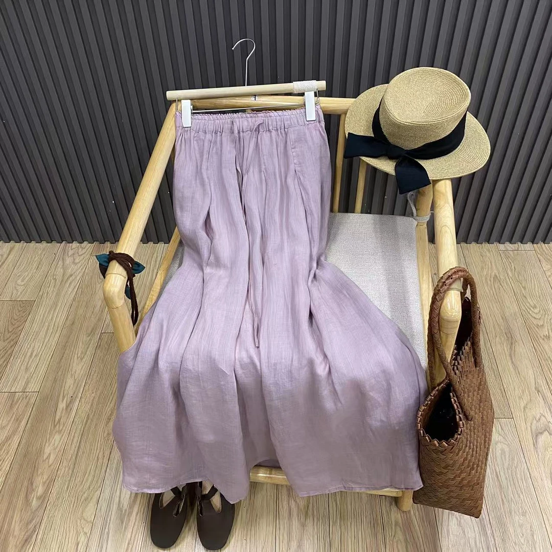 苎麻高腰抽绳半身裙复古纯色宽松百搭双层女苎麻半身裙q24018