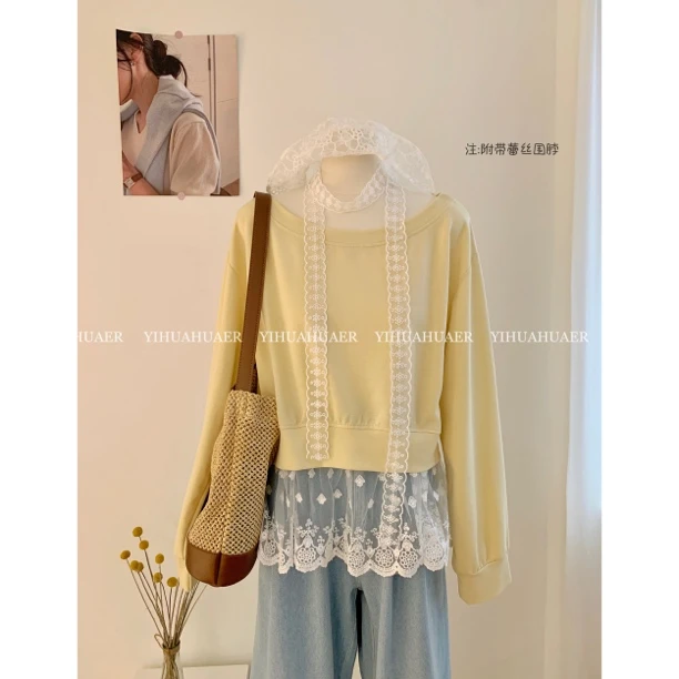 B-2233【奶油糖霜】东大门春款韩系拼接蕾丝套头设计感蕾丝围脖T恤