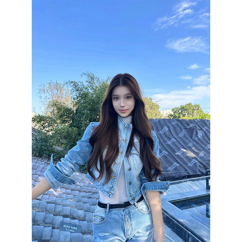 2025秋季新款美式复古水洗蓝立领短款牛仔外套配显瘦牛仔裤两件套