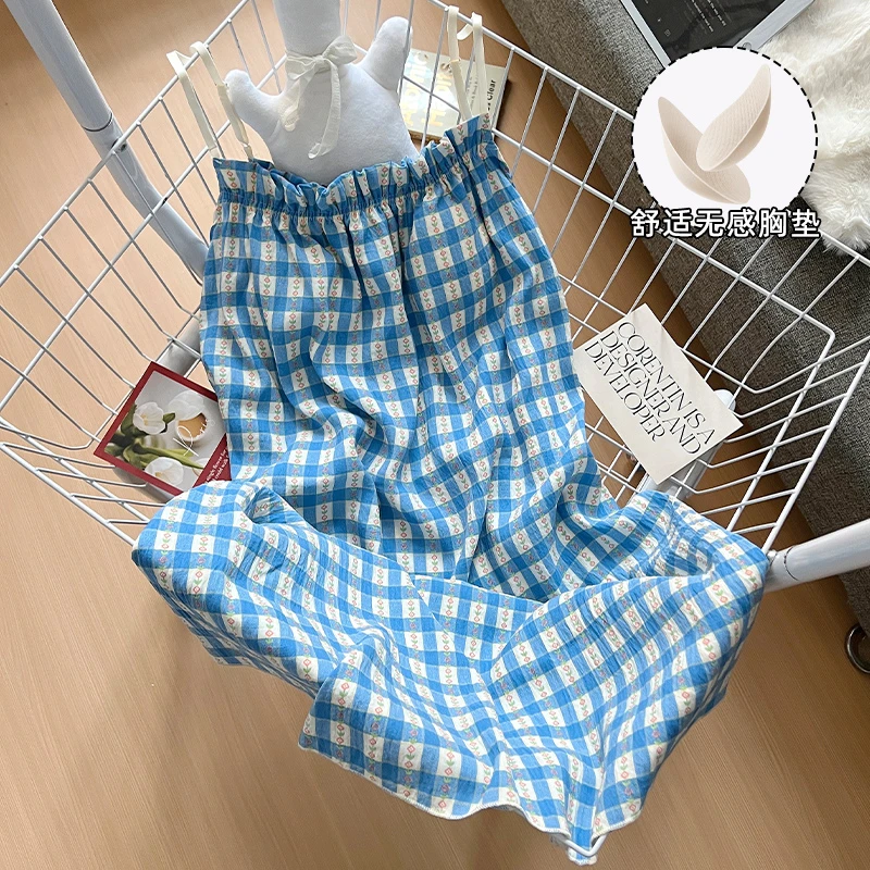 夏季新款爆款宽松舒适休闲居家蓝色格子田园风吊带睡裙睡衣家居服