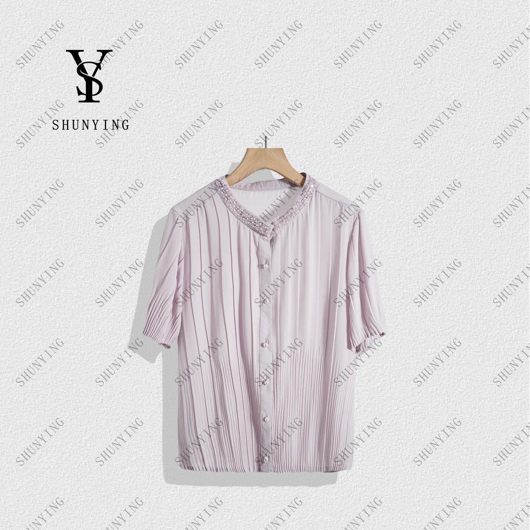 顺瀛【水晶乔其】精致简约~气质圆领镶钻钉珠百褶纯色衬衫SY72C5270