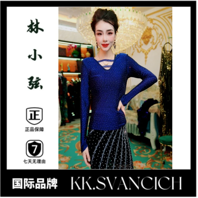 0212蕾丝镂空百搭烫钻性感风服装T恤拉丁舞春夏纯色修身长袖