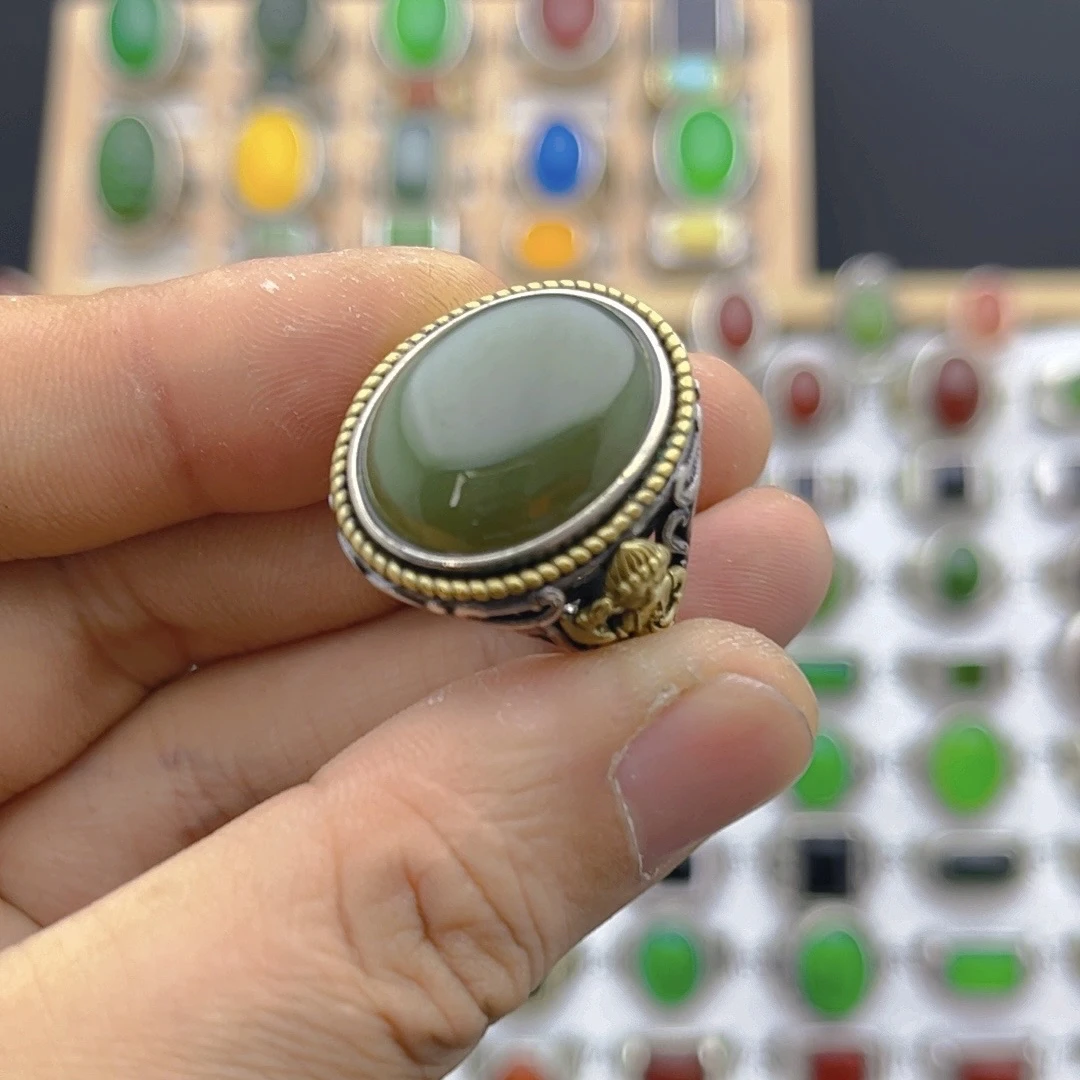 和田玉戒指银S925镶嵌和田玉马鞍戒指时尚简约