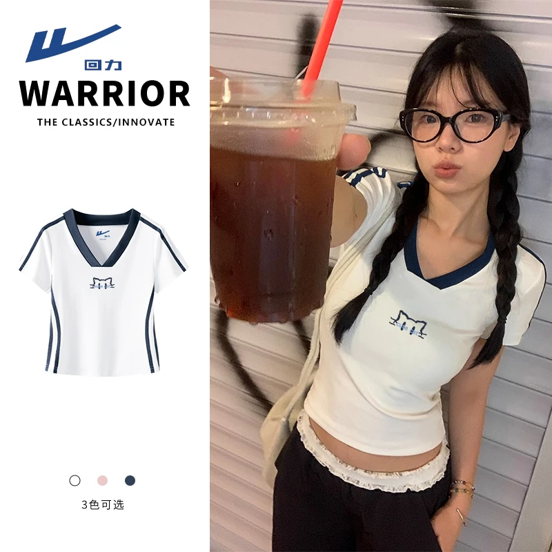 回力重磅精梳棉夏季V领学院风短袖t恤女时尚修身猫印花白色上衣X