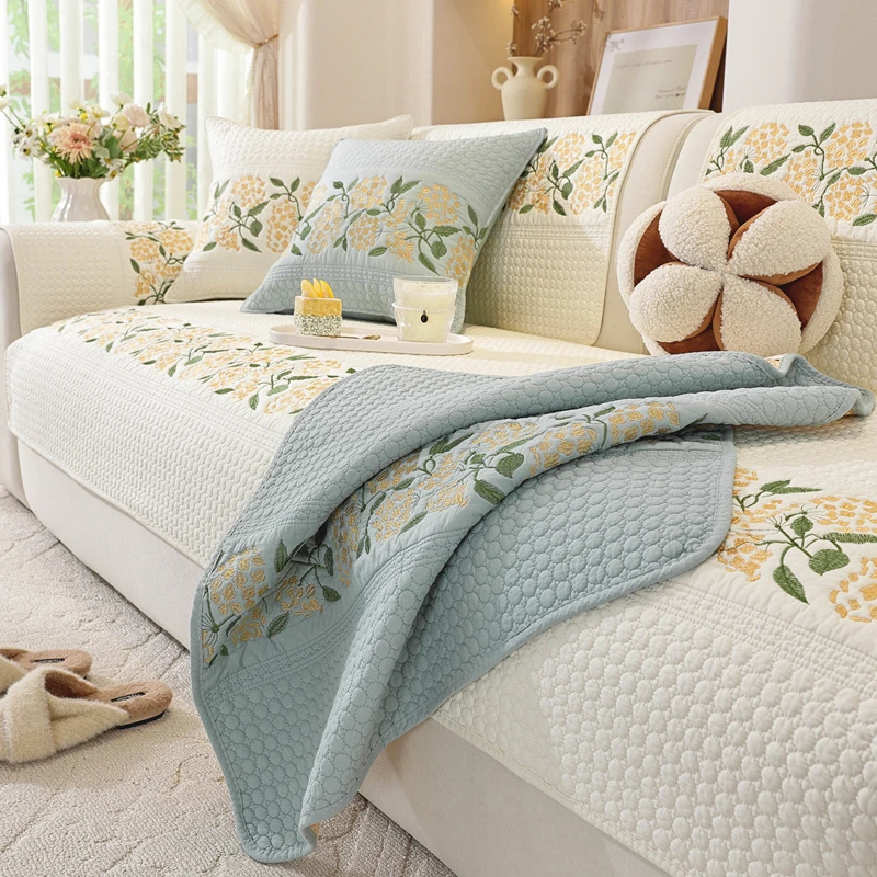 沙发垫全棉四季通用奶油风纯棉水洗绣花沙发套罩防滑皮沙发坐垫子