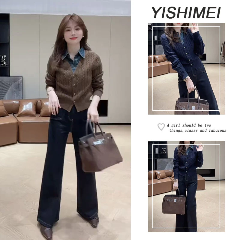 2025年新款爆款早秋韩系拼接假两件针织长袖上衣高腰牛仔裤两件套