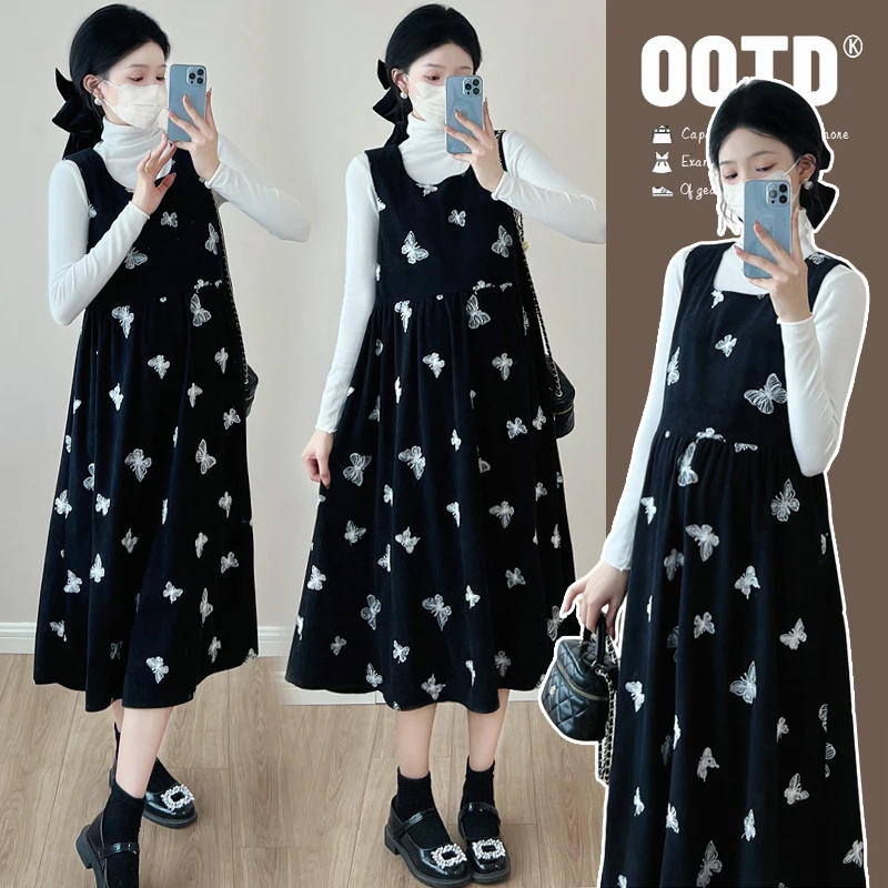 【安安】孕妇装秋冬季蝴蝶刺绣背带裙+上衣减龄孕妇连衣裙冬装洋气