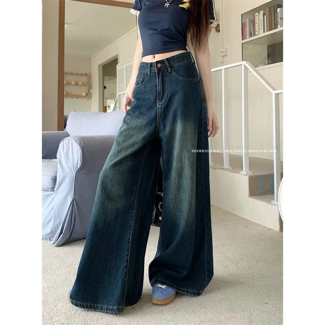 706小个子港风复古阔腿牛仔裤大裤脚宽松直筒裤高腰牛仔