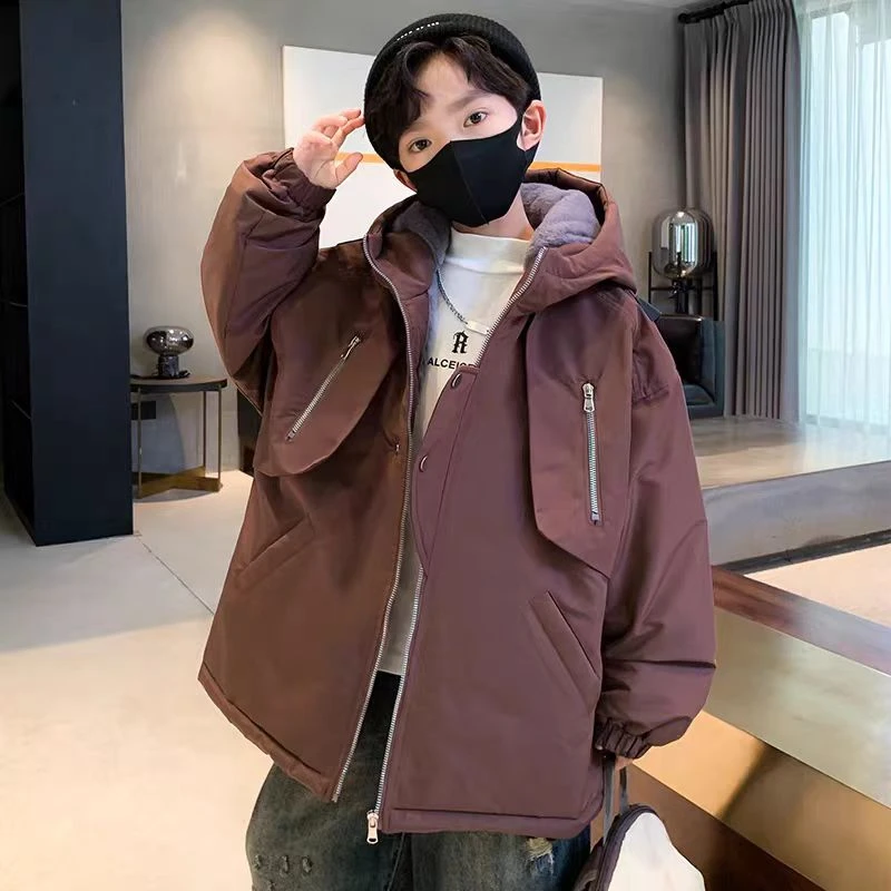 502022童装男童棉服2024冬季仿兔毛加棉加厚潮酷连帽棉衣宝宝外套