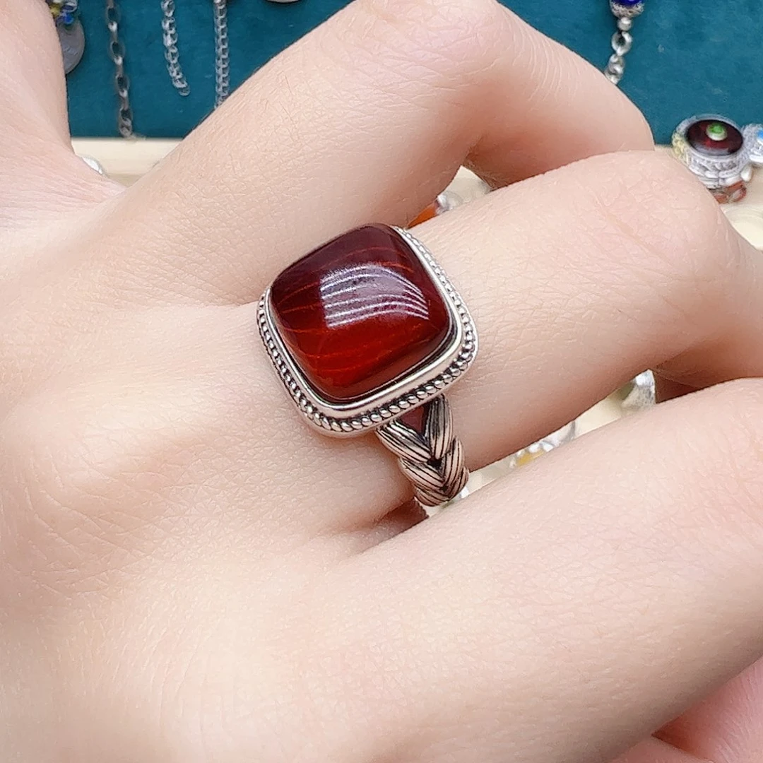 血珀戒指银S925镶嵌天然
