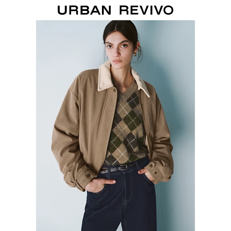 UR2025春季新品女装欧若风复古雅丹风撞色刺绣翻领棉服UYU150003