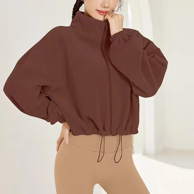 【抹小茶】运动外套女双面绒保暖短款显瘦宽松健身瑜伽服上衣冬