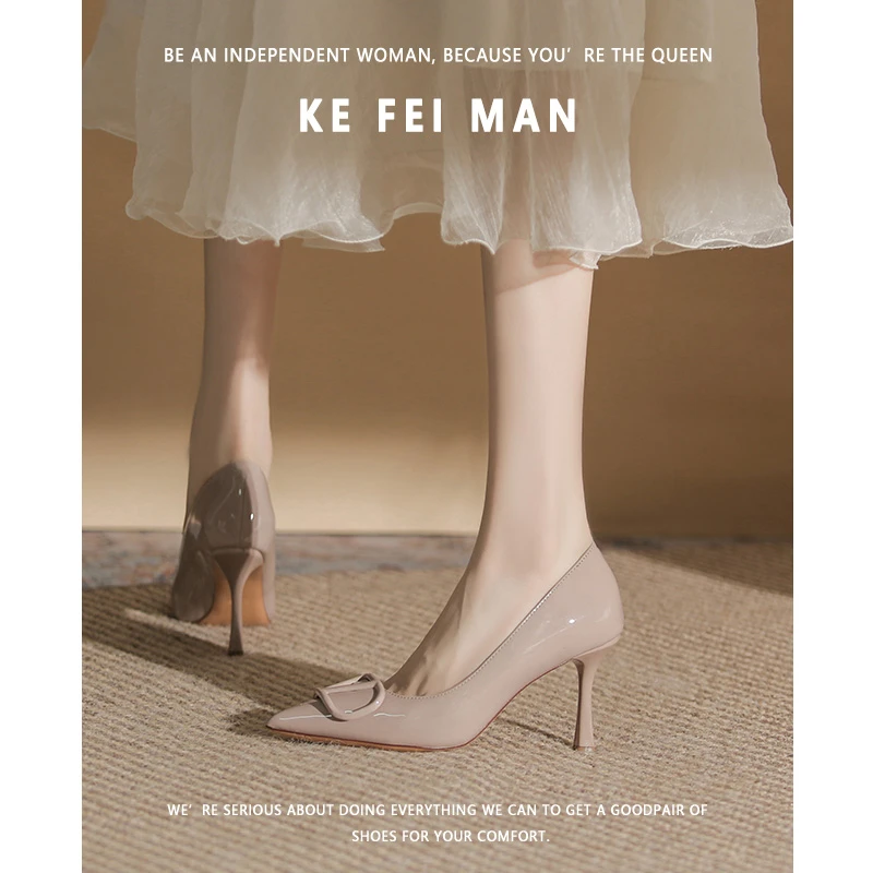 v家扣裸色高跟鞋女气质漆皮尖头细跟单鞋子成人礼艺考