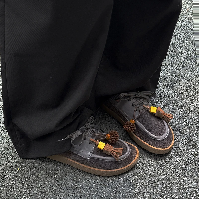 2025百搭新款真皮作旧复古英伦风串珠潮流厚底时尚舒适系带袋鼠鞋