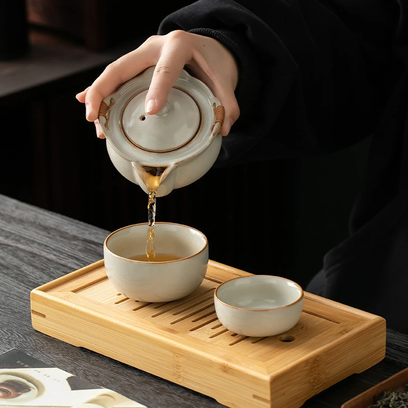 米黄汝窑快客杯一壶一杯单个人专用手抓泡茶壶茶杯便携式旅行茶具