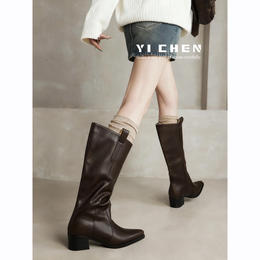 复古显瘦小方头V口粗跟骑士靴女大筒围粗腿不过膝长靴真皮高筒靴