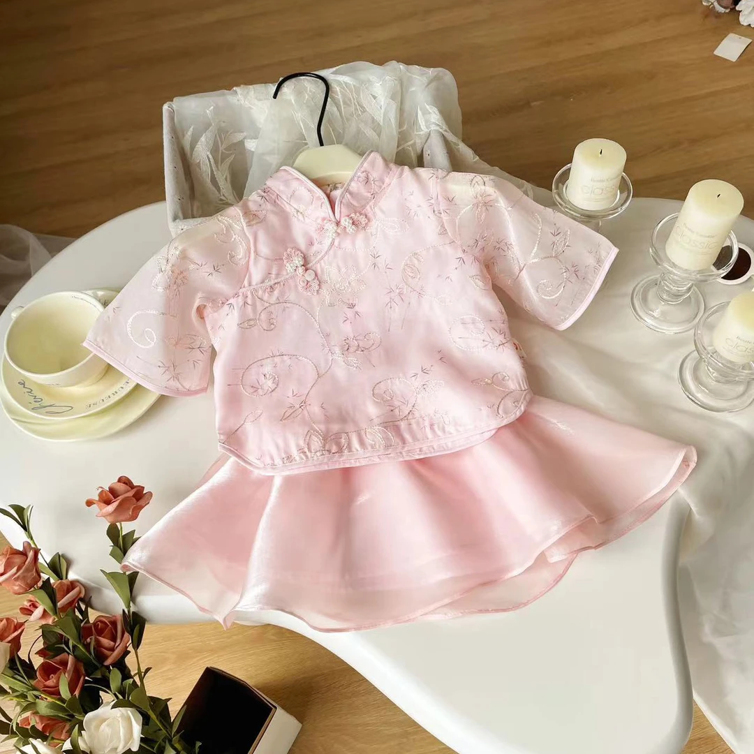 【现货】XJQ24X016夏季女童新款套装女宝复古女孩中国风两件套