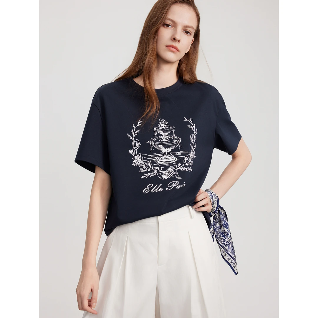 ELLE法式设计感印花短袖女t恤2025夏季新款高级感时髦小众ET52052