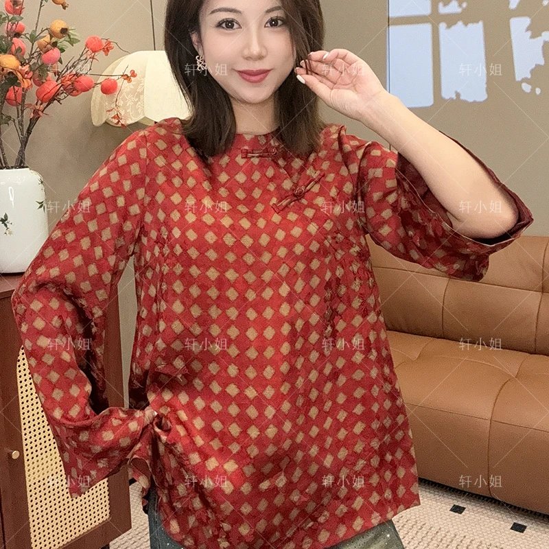【轩小姐】新中式国风女装时尚休闲圆领百搭复古提花上衣9701