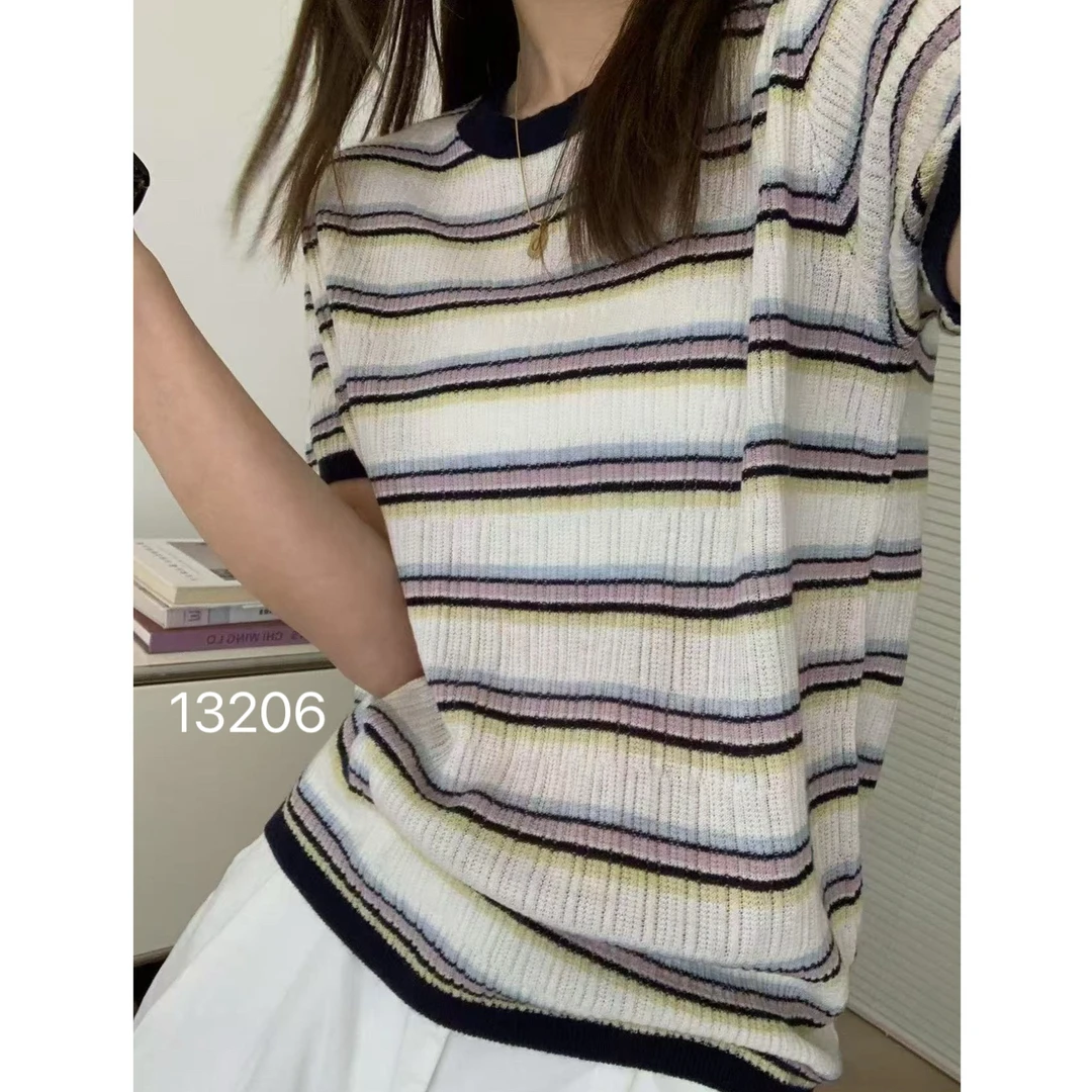 13206（部分无水洗唛，介意慎拍）WANGDAN新款撞色条纹短袖
