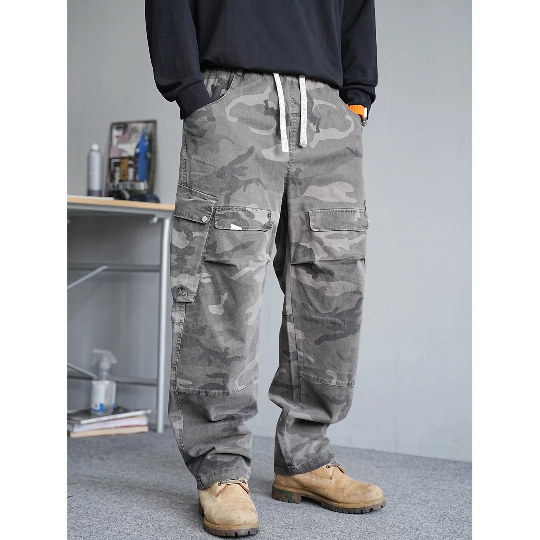 秋季美式复古痞帅重磅大口袋迷彩工装裤男直筒宽松抽绳弹力长裤子
