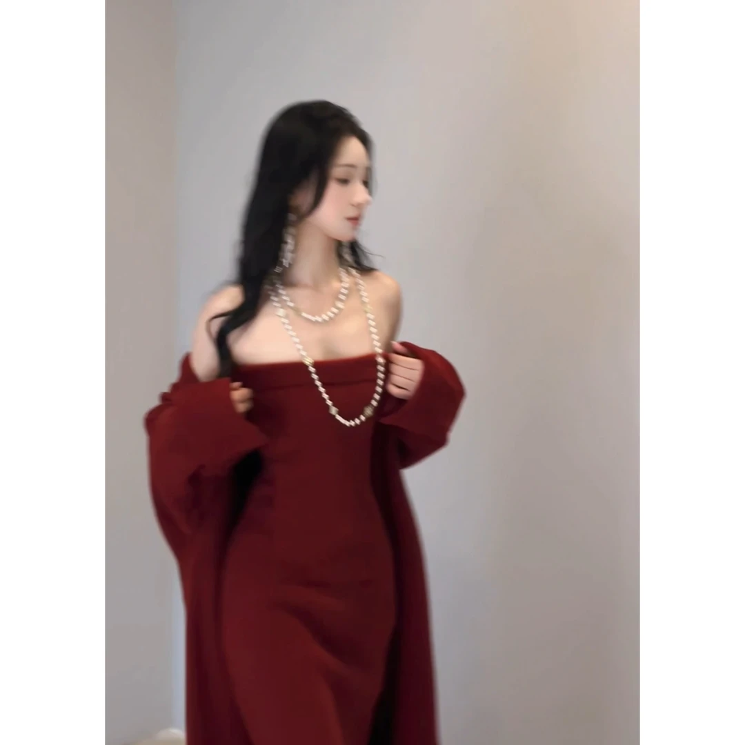 JCC【绝美套装+运补6】高级感毛衣外套女开衫秋冬外套抹胸裙套装