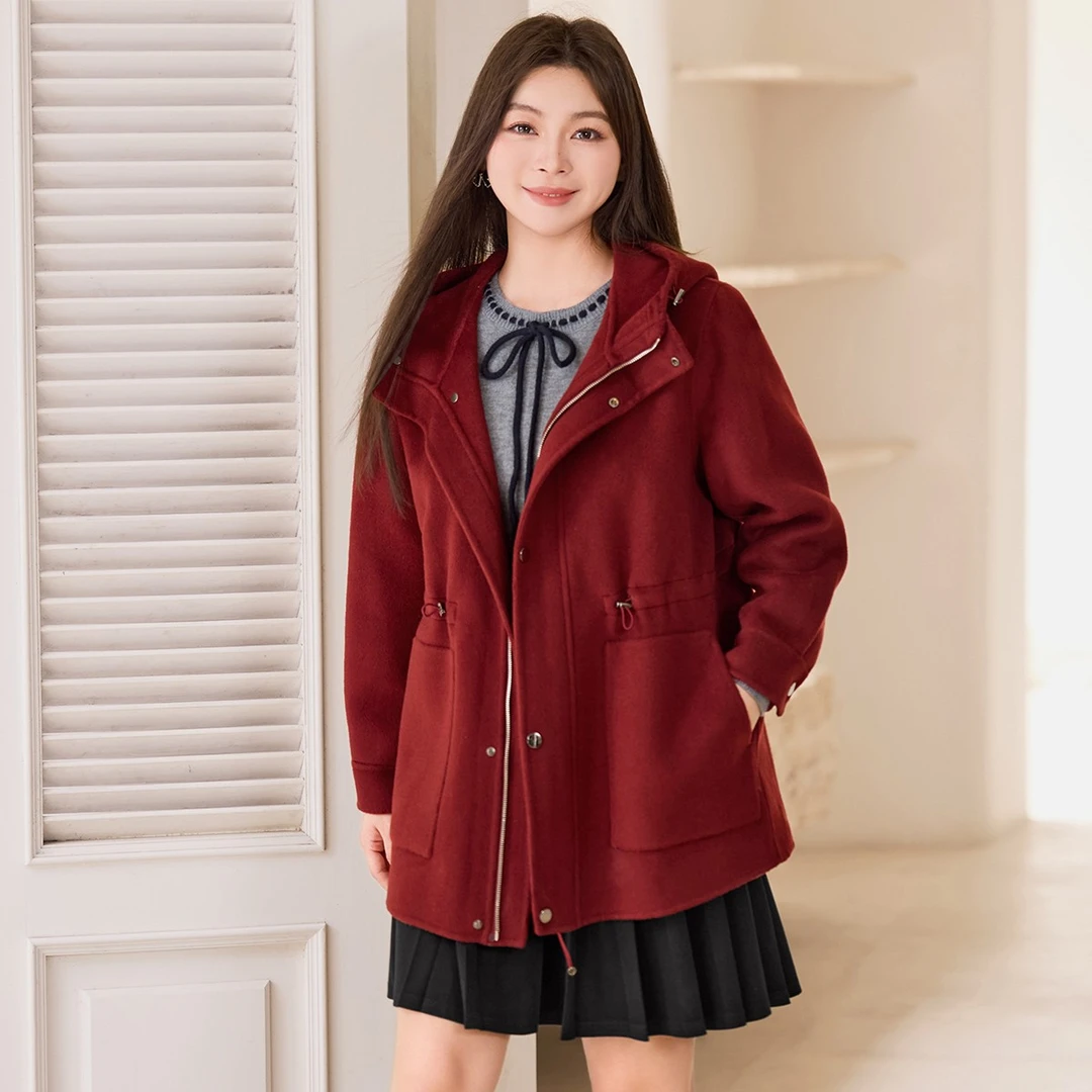 【100%绵羊毛】MsShe大码女装2025冬连帽双面毛呢大衣外套M2510043