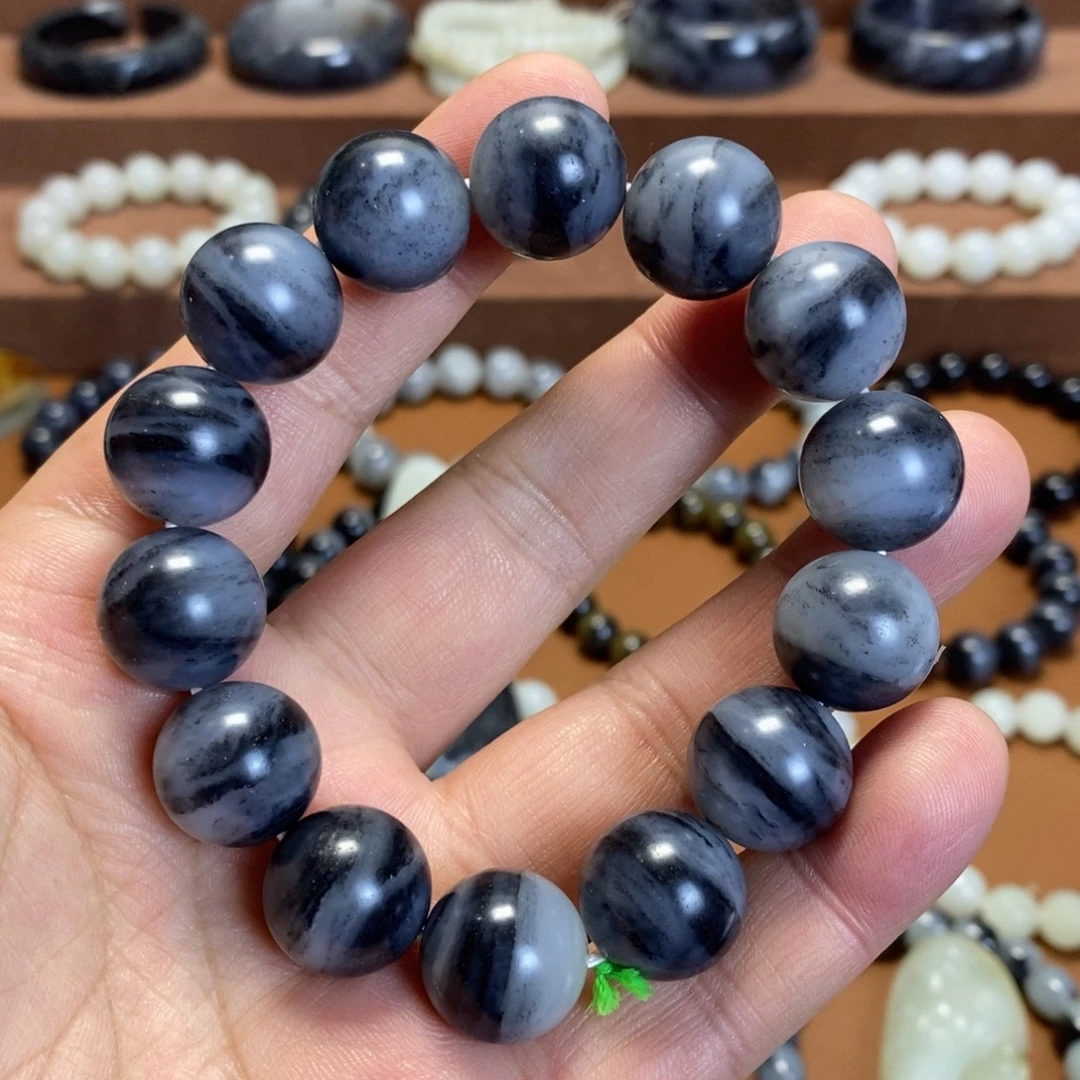 和田玉未镶嵌手串新疆和田玉青花水墨意境16圆珠手串
