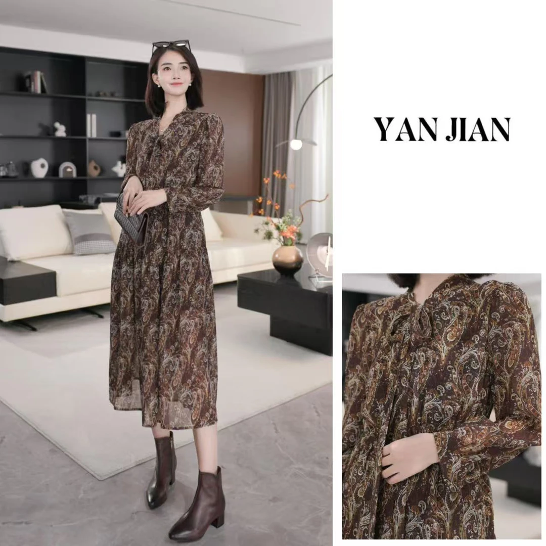 YAN JIAN【枫糖】腰果系乔其纱秋季收腰打揽显比例气质连衣裙