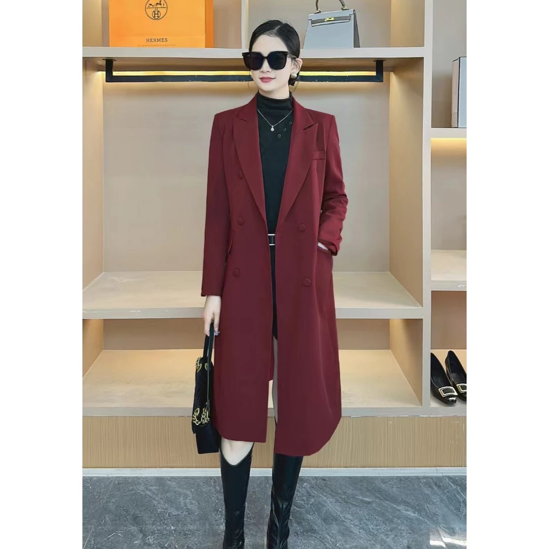 481夹棉西装外套女秋冬2025新款红色轻奢气质职业OL长款百搭西服