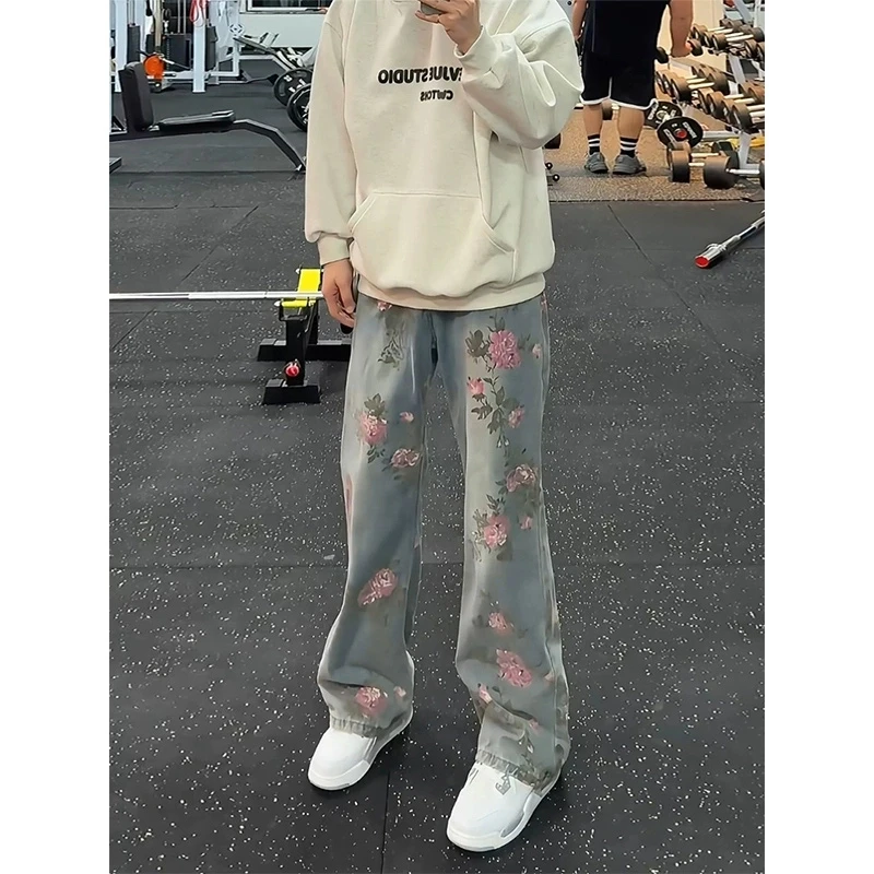 牡丹花满印提花牛仔裤男潮牌痞帅炸街裤子美式高街vibe弯刀微喇裤