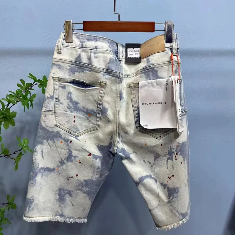 夏季男士牛仔裤短裤复古破洞重工刺绣破洞弹力修身五分裤男中裤