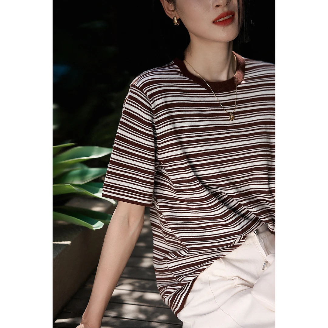 左岸拿铁软糯亲肤康赛妮棉+丝羊绒/短袖条纹针织衫ZYC862742MG