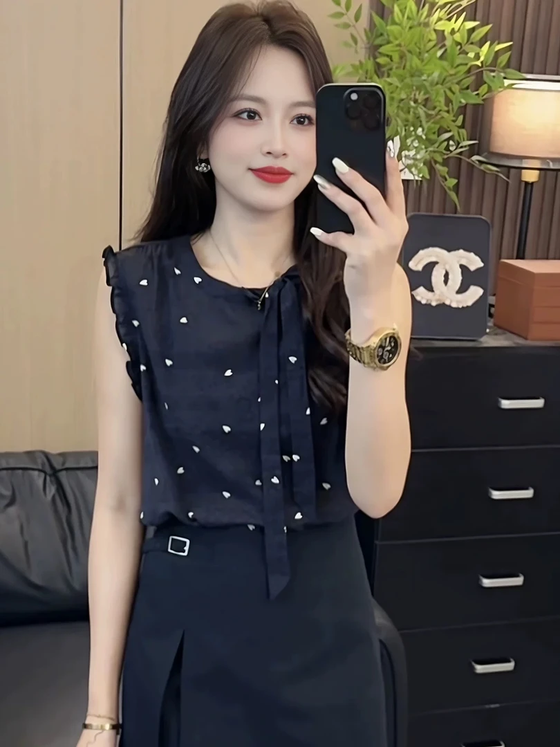 法式爱心印花小衫韩版蝴蝶结显瘦无袖背心女衬衫波点气质小个子